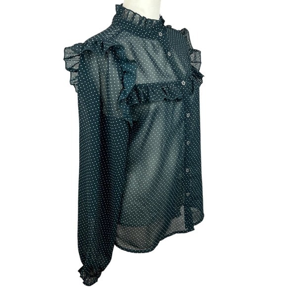 Lascana Green Polka Dot Ruffle High Neck Sheer Button Up Chiffon Blouse Sz 6 - Picture 5 of 13